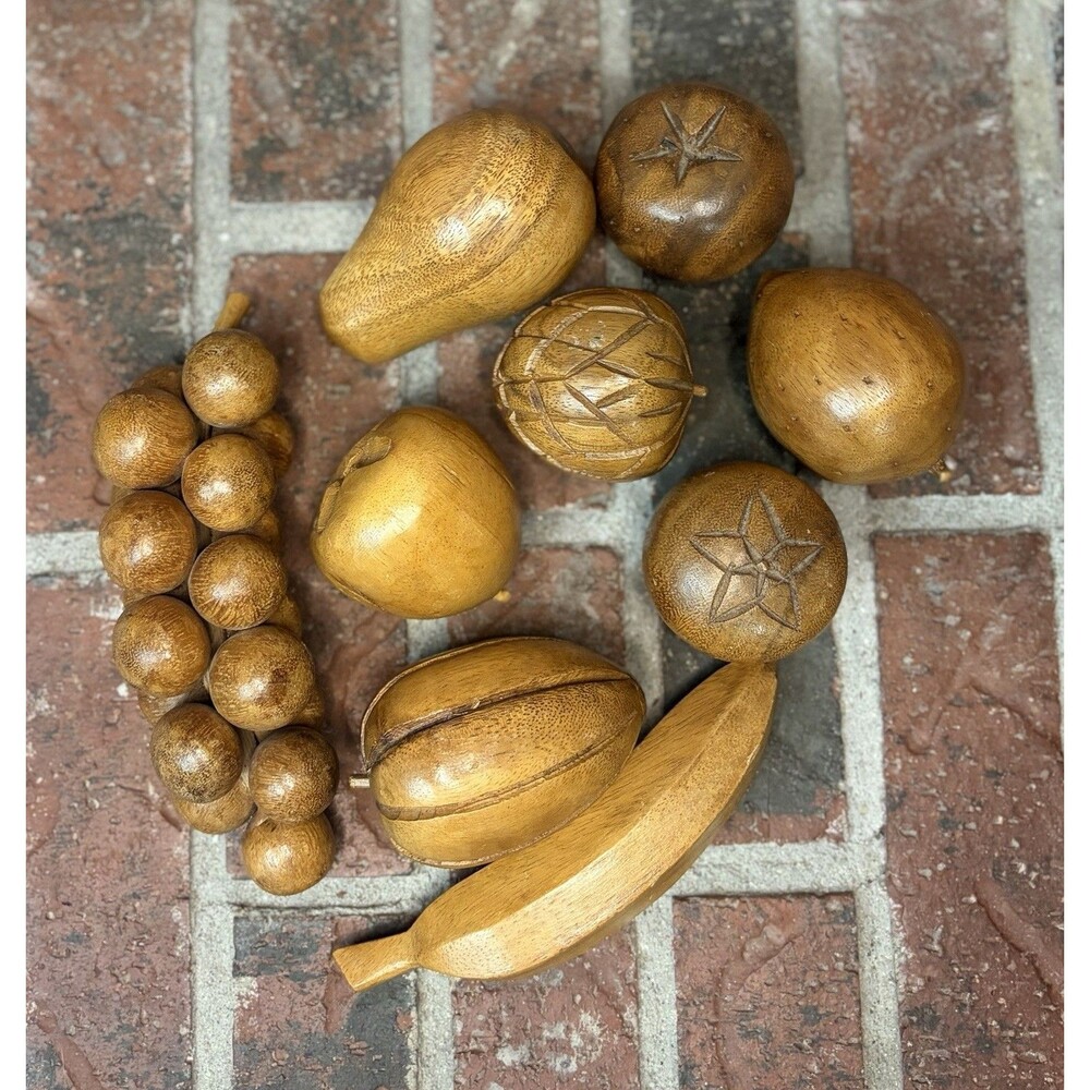 Vtg MCM 9pc Hand Carved Wooden Fruit Vegetables Grapes Apple Pear Banana &More